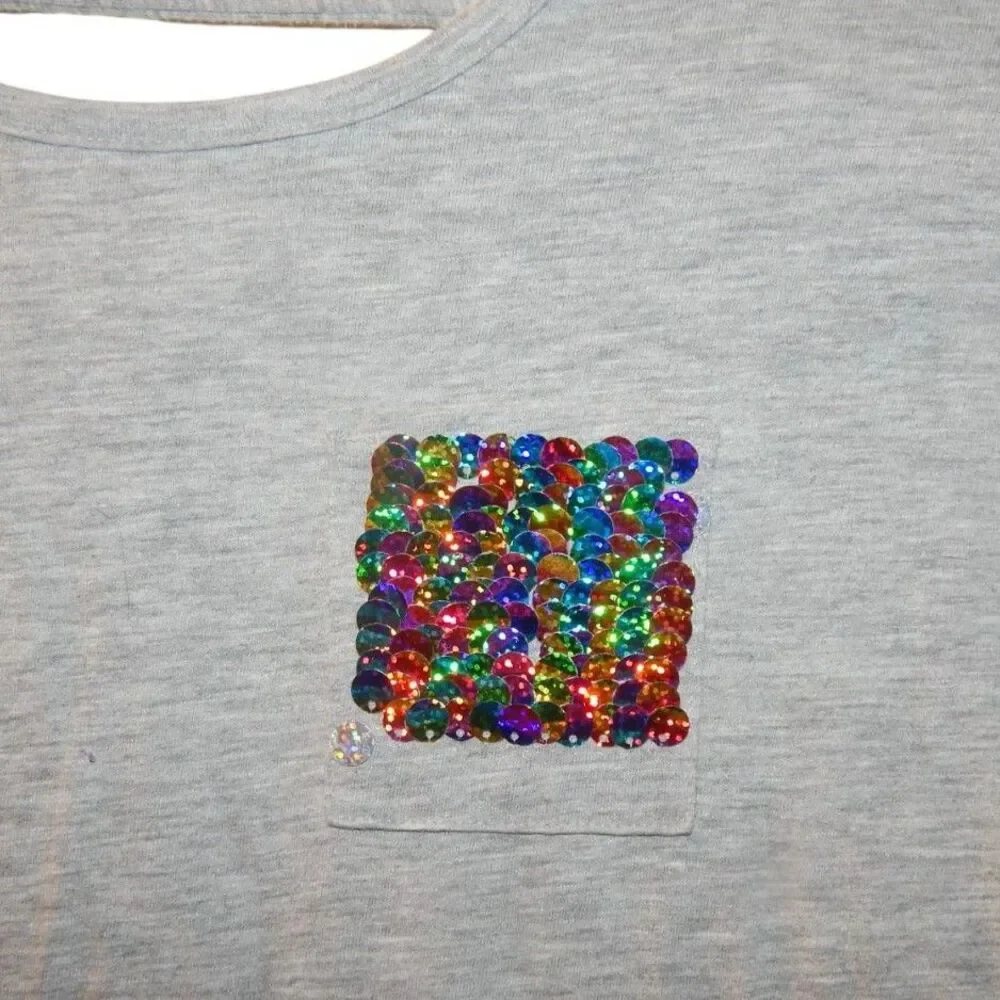 Justice Girls Size 8 Gray Hi‑Low Top Reversible Sequin Pocket 3/4 Sleeve